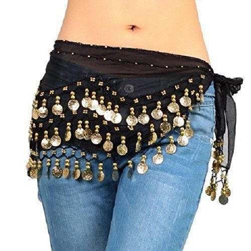 Pañuelo para danza del vientre de The Turkish Emporium, de gasa con 3 filas de monedas, cinturón con 128 monedas