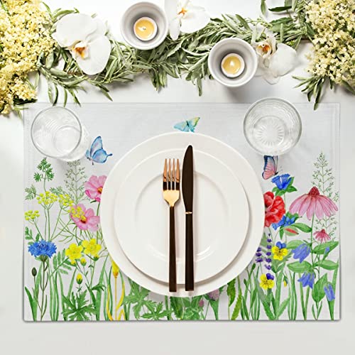 Spring Floral Placemats Set Of 4 Colorful Butterfly Flowers Table Mats Watercolor Wildflowers Place Mats Washable Linen Table Placemats For Wedding Holiday Party Kitchen Decor 12X18 Inch #TOP2