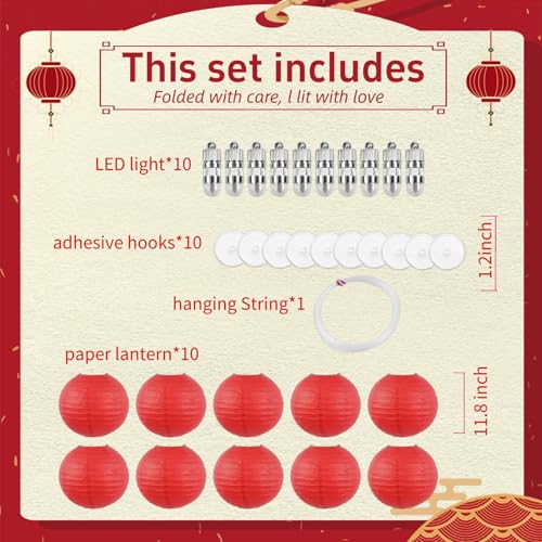 Image of Red Chinese Paper Lanterns with LED Lights, 10-Pack 12inch | Hanging Lights for Chinese New Year, Anniversary, Birthday Decorations, Ceiling Decor & Home Party