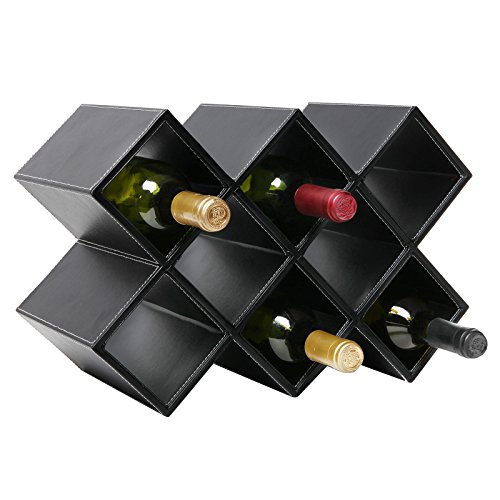 MyGift Modern Geometric Freestanding Synthetic Leather Wine Rack / 8-Bottle Storage Organizer, Black