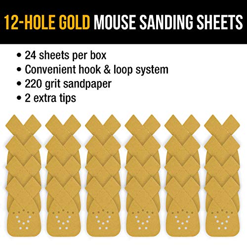 Dura-Gold Premium Mouse Detail Sander Sandpaper Sanding Sheets - 220 Grit (Box Of 24) - 12 Hole Pattern Hook & Loop Triangle Shaped Mouse Discs - Fits Black And Decker, Woodworking Wood Crafting, Auto #TOP3