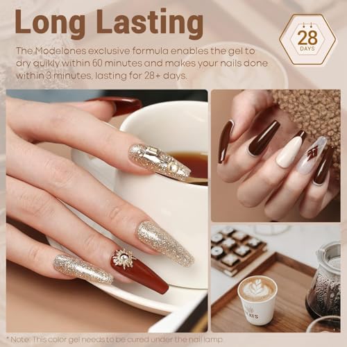 Image of modelones Gel Nail Polish Set, 12 Colors Winter Neutral Nude Brown Gold Glitter Gel Polish Tawny Cinnamon Burdundy Maroon Classic Collection for All Skin Tones LED Nail Art Salon DIY Gift