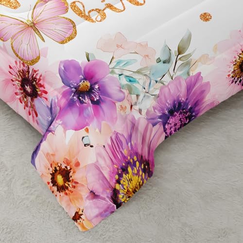 Image of AILONEN Queen Welcome Birthday Comforter Set, 3 Piece Rainbow Floral Butterfly Bedding, Gold Script Party Decor, Lightweight Microfiber Luxury Guest Master Bedroom