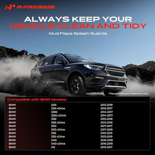 Image of A-Premium Mud Flaps Compatible with BMW | for 320i, 328d, 328i, 330i, 335i, 340i, M3, No Drilling Required Mud Guards with Hardware Accessories, Set of 4 Front Rear