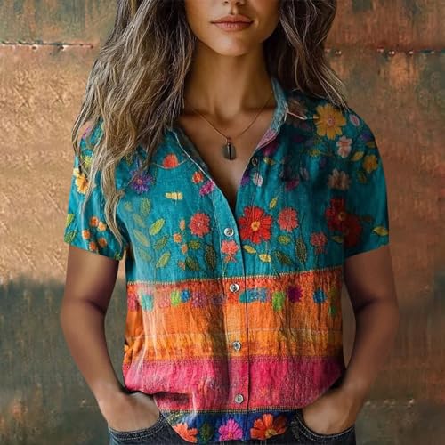 Womens Linen Blouses Women Cotton Shirt Printed V Neck Button Down Shirts Casual Tops Short Sleeve Blouse2