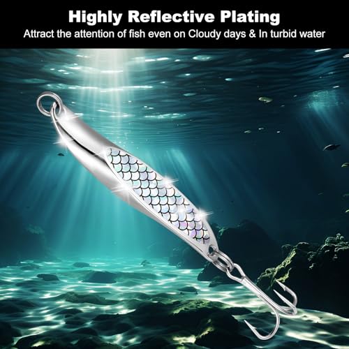 Realure 5 Pcs Metal Sea Fishing Spinners Lures with Trebles Hooks Set Including 20 Pcs/2Types Rolling Swivels and Clips 7cm & 21g Metal Jigs Sequins Fishing Spoon Lures Hard Baits for Sea Bass - Image 6