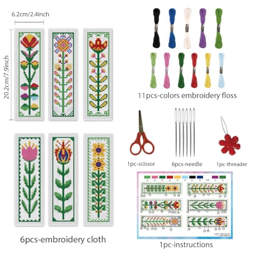 Image of INFUNLY 6pcs DIY Flower Cross Stitch Bookmark Kits for Beginners 2.4''x7.9'' Colourful Flowers Stamped Embroidery Bookmark Kits with Instruction Needlepoint Bookmark Kits with Plant Pattern for Gift