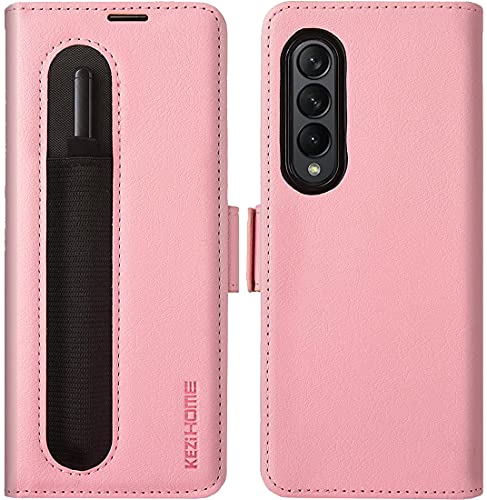 KEZiHOME Samsung Galaxy Z Fold 3 5G Case with S Pen Holder, Galaxy Z Fold 3 Wallet Case [RFID Blocking] PU Leather Card Slot Flip Magnetic Phone Cover Compatible with Samsung Z Fold 3 5GÂ (2021) (Pink)