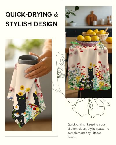 Image of Miss Adola 150GSM Flour Sack Kitchen Towels Set of 2, Flower Cats | 18 inchx26 inch, Lightweight, Lint-Free, Pure Cotton, Decorative, with Hanging Loop, Absorbent, Softer after Wash, Giftable Package
