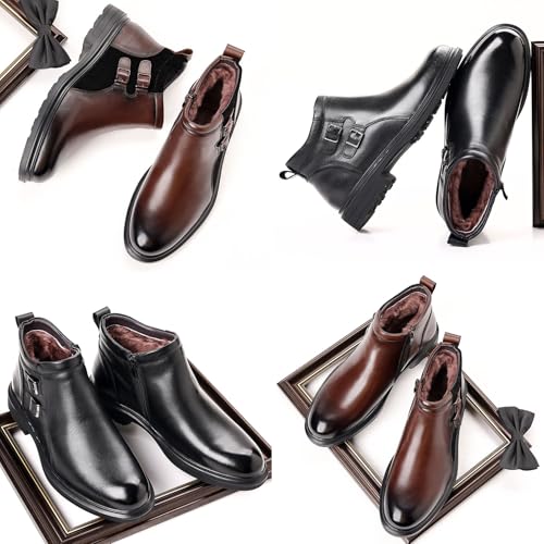 Men's Winter Business Casual Leather Boots,Cozy Warm Fur Lined Waterproof Monk's Strap Buckle Zipper Dress Oxford Boot3