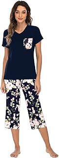 Famulily Schlafanzug Damen Kurz Pyjama Set Baumwolle Hausanzug Kurzarm Top mit 3/4 Lang Schlafhose Blumendruck Zweiteiliger Nachtwäsche