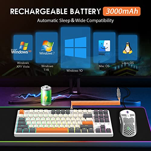 Image of ATTACK SHARK K87 Wireless Keyboard,TKL Mechanical Keyboard,2.4G /BT 5.0 /Wired Coiled Keyboard Cable,Hot Swappable Tactile Switch,Chroma RGB,3000 mAh Rechargeable Battery for Windows Mac(White-Gray)