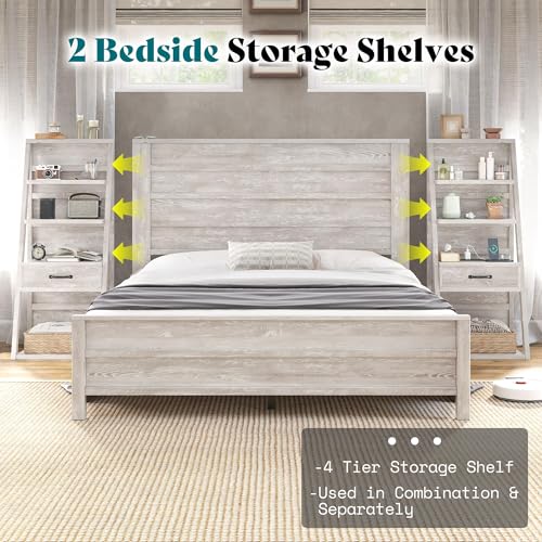 Image of AMERLIFE Full Size Farmhouse Bed Frame with Storage Headboard, 4-Tier Bookshelf Platform Bed with Charging Station, 2 Drawers, Noise-Free Wood Bed, No Box Spring Needed, Rustic White