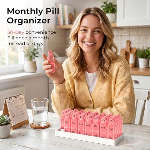 Image of Daviky Monthly Pill Organizer 2 Times a Day - 30 Day Pill Box AM PM, BPA Free One Month Medicine Organizer Twice Daily, 31-Day Case to Hold Vitamins, Supplements & Medication, Pink