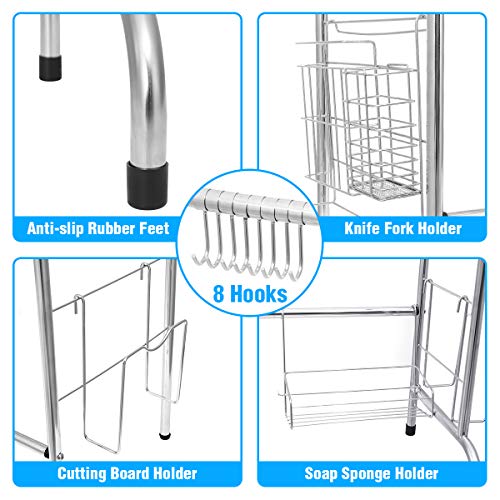 Over The Sink Dish Drying Rack, KINGSO 2 Tier Dish Drainer Stainless Steel Kitchen Sink Drying Rack w/Utensil Holder 8 Hooks for Kitchen Counter Organization Storage Space Saver (Sink Size≤32.5 inch)