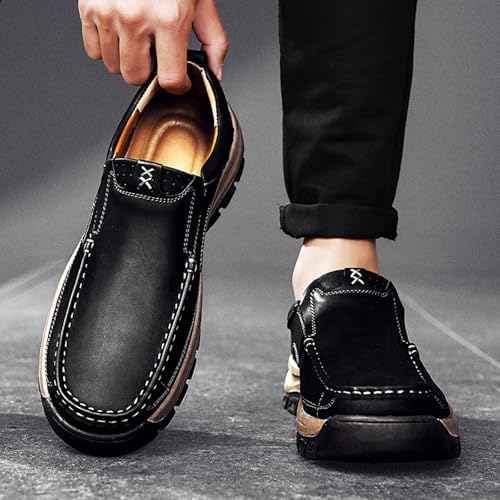Men's Leather Breathable Handmade Stitching Details Casual Loafers Lightweight Comfortable Round Toe Slip On Non Slip Soft Sole Outdoor Cushioning Shoes Walking Dress Shoes 6