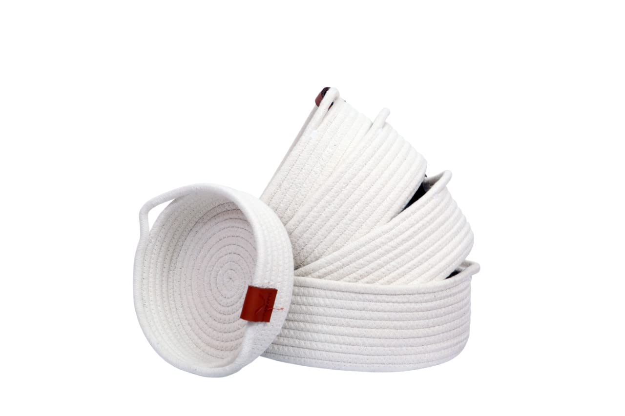 Sygnific 5Pcs Sets of Woven Baskets - baskets made of 100% natural cotton rope! Key Tray, Children Montessori Toys, Bowl for Entrance, Jewelry Remote Fruits Desk Home Decor Shallow Catchall Baskets