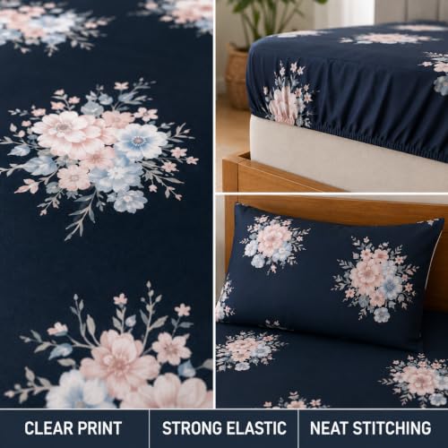 Image of Cotton Elastic Fitted Bedsheets with 1 Pillow Covers | Floral Printed Single Bed Elastic 220 TC Supersoft Breathable & Wrinklefree | for 36x72+6 Inches, Home Style Midnight Navy Floral