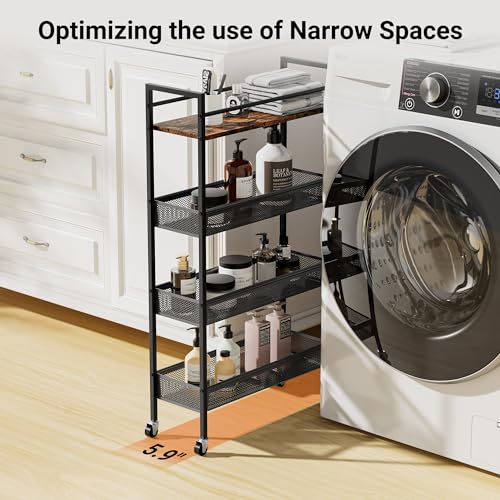 Dunatou-Slim-Kitchen-Storage-Cart-4-Tier-59-in-Wide-Kitchen-Slim-Rolling-Cart-Narrow-Metal-Kitchen-Cart-with-Handle-and-Wood-Top-Metal-Organization-and-Storage-Shelf-for-Kitchen-Bathroom-Black Dunatou Slim Kitchen Storage Cart 4 Tier 59 in Wide Kitchen Slim Rolling Cart Narrow Metal Kitchen Cart with Handle and Wood Top Metal Organization and Storage Shelf for Kitchen Bathroom Black