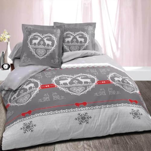 Alpes Blanc - Housse de Couette Chalet Winter Gris + 2 Taies Carrées - 100% Coton Qualité Supérieure - Grand Teint - Parure Esprit Montagne - 220 x 240 cm