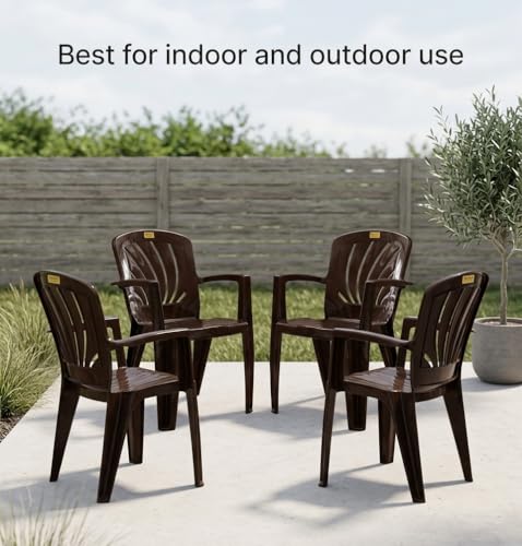 Image of Patiofy Plastic Chair for Home & Outdoor Use | Heavy Duty Comfortable Chair with Strong Legs | Stackable, Easy to Clean | Suitable for Living Room, Balcony, Patio Pack of 4 (Elba Brown)
