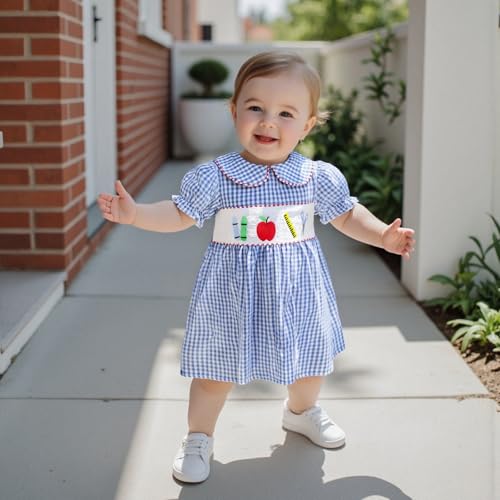 KMBANGI Kids Girl Back to School Outfit Plaid Puff Sleeve Smocked Dress for Little Girl Apple One Piece Princess Dress Summer2