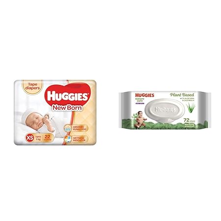 Huggies New Born Taped Diapers (22 Counts) & Huggies Cucumber and Aloe Vera Baby Wipes (72 Count)