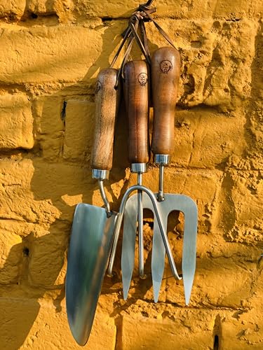 Yellow Brick Farm 3Pcs Gardening Tool Set (Trowel + Fork + Rake) with Wooden Handles and Stainless-Steel Head
