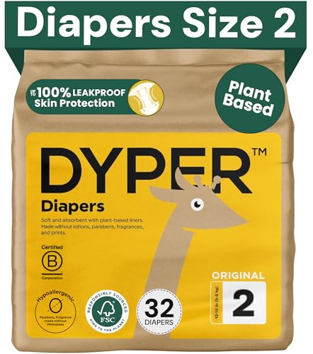DYPER - Baby Diapers Hypoallergenic Cloth Alternative Day & Overnight Protection - Made with Plant-Based* & Skin-Friendly Ingredients - Size 2 (32 Count)