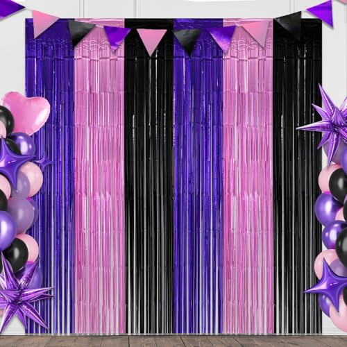 Pink Purple Black Foil Fringe Curtains Birthday Decorations 2 Pack 3.2x6.6ft Kawaii Tinsel Backdrop Photo Booth Props Cute Anime Birthday Party Decorations Supplies Favors