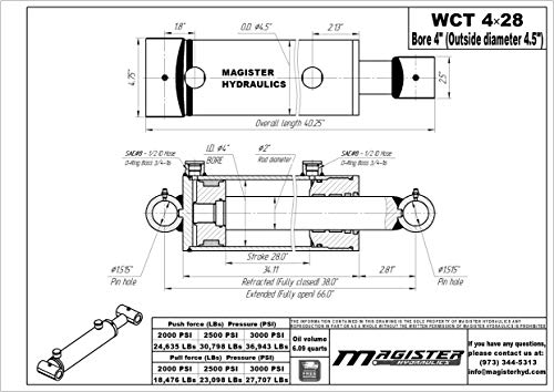 Image of Magister Hydraulic Cylinder 4 inch Bore x 28 inch Stroke, Welded Hydraulic Ram with Cross Tube Ends, Double Acting Hydraulic Piston 3500 PSI (WCT 4x28)