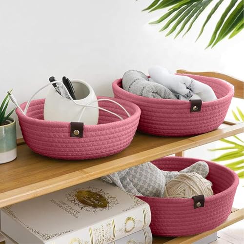 Image of Handmade Jute Cotton Storage Baskets Set of 3 for Dining Table, Fruit Basket & Roti Bowl, Cane Style Organizer for Kitchen, Home Decor, Washable Multipurpose - Beige (Pink)