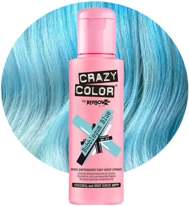 Crazy Color Hair Dye - Vegan and Cruelty-Free Semi Permanent Hair Color - Temporary Dye for All Hair Types, #63, Bubblegum Blue 100 ml
