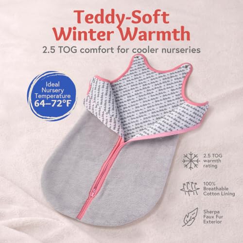 Image of Baby Deedee Sleep Nest Teddy - Sherpa Sleep Sack 2.5 TOG 18-36M Fuzzy Dino | Patented shoulder snaps and full-length zipper support easy dressing and diaper changes for cooler routines