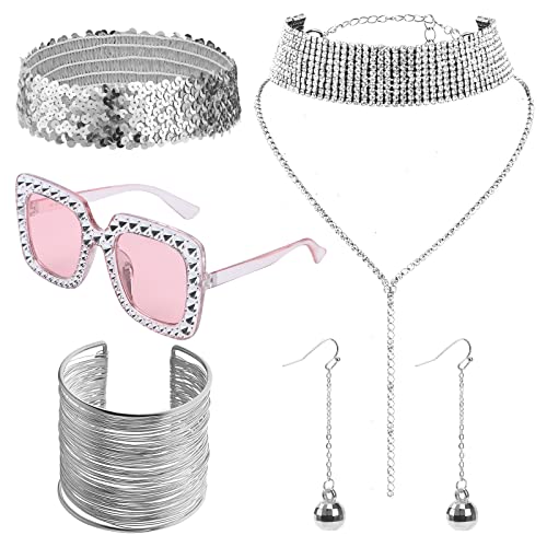 7 Pcs Silver Disco Set 1970s Disco Accessories Disco Set Square Sparkling Sunglasses Wire Metal Coil Bracelets Glitter layered necklace Metal Mesh Grid Tassel Dangle Earrings Sequin Headband