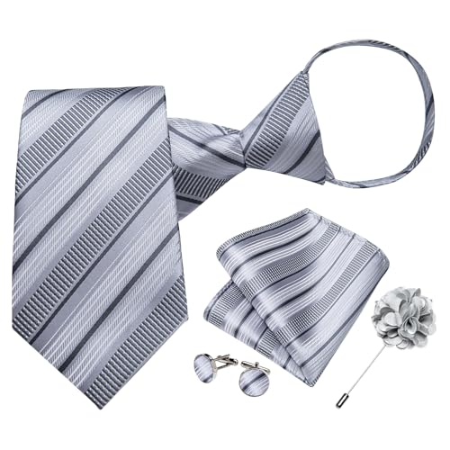 Image of DiBanGu Mens Zipper Tie Silk Pre-Tied Necktie with Gift Box | Jacquard Woven,Paisley Solid Plaid Pattern,6PCS with Pocket Square,Cufflinks and Lapel Pin,for Wedding Party Formal Business