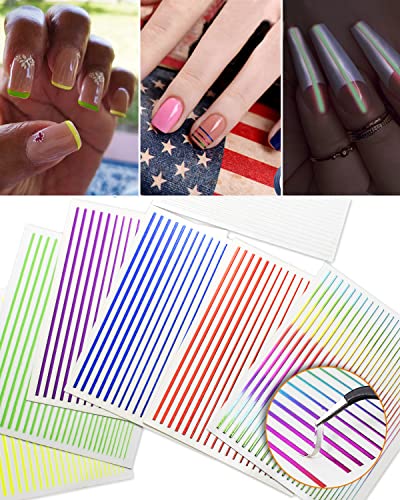 6+1 Sheets Holographic Nail Tapes Designer Sticker Metallic Lines, Iridescent Mixed Colors Striping Tape For Gold Nail Art Strips Glow In The Dark Decals #TOP23