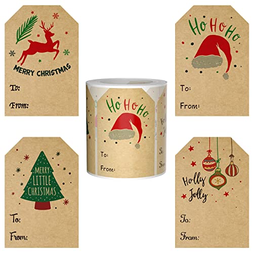 2*3 Inch Christmas Label Stickers,80 PCS Per Roll,Christmas Tags,Present Labels in 4 Designs for Christmas,Kraft Paper Christmas
