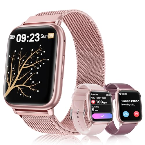 Loekneue New Smartwatch Damen mit Telefonfunktion Bluetooth 1.83' Tocuh Uhr mit Menstruationszyklus Schlafüberwachung SpO2 Pulsuhr IP68 Fitness-Überwachung Schrittzähler Android IOS (Pink Gold)