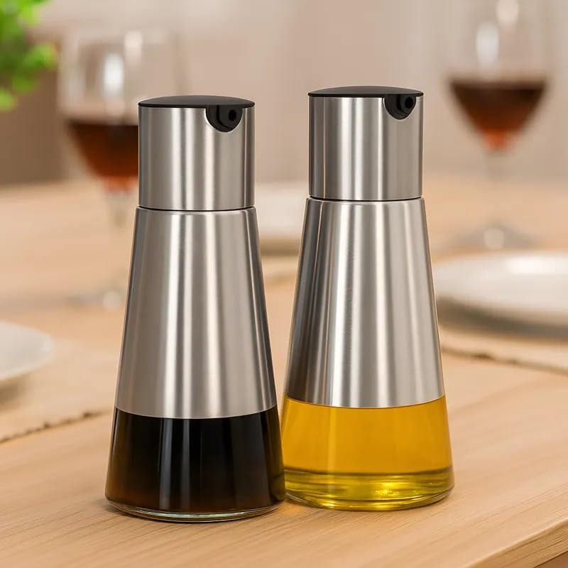 Galheteiro de Vidro e Aço Inox 304, 230ml, 17,5cm, Dispenser Duplo para Azeite e Vinagre,