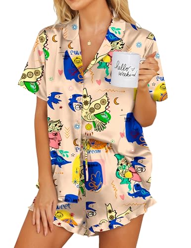 Image of Ekouaer Womens Satin Pajamas Set Button Down 2 Piece Silk Pjs Shorts Set Ruffle Lingerie Notch Collar Sleepwear