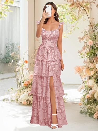 Tiered Bridesmaid Dress Floral A-Line V Neck Ruffle Jacquard Wedding Guest Dresses Formal Evening Gown4