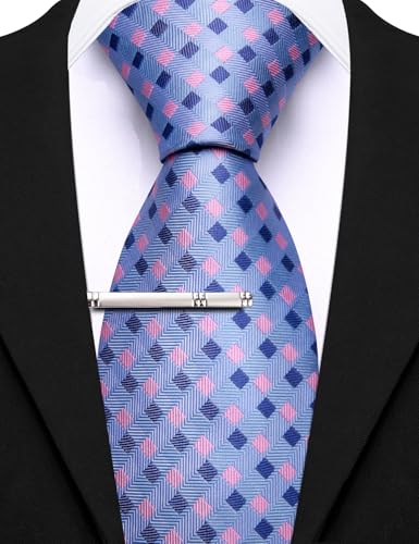 Image of Barry.Wang Plaid Ties Mens Silk Necktie and Tie Clip Checkered Tie for Wedding Party Business Formal