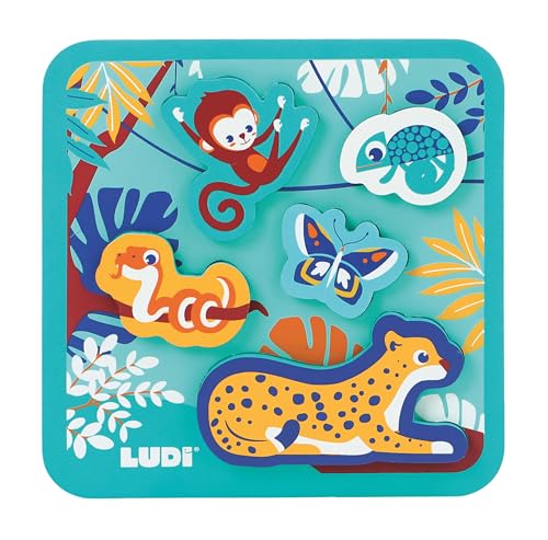 Ludi - Puzzle Mousse - Jouet D'Éveil - Jeu D'Encastrement - Dès 12 Mois - Stimule La Motricité Et Développe L'Imagination - 5 Animaux De La Jungle Et 1...