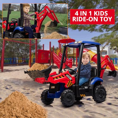 Image of 12V Ride on Excavator with Trailer & Front Loader Outdoor Gift for Boys Girls with 4-in-1 Construction Attachments (Excavator, Dump Truck Bulldozer), Tractor Remote Control Red