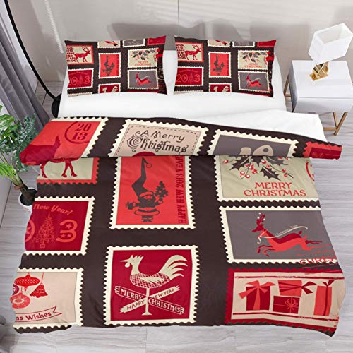 Heoeh Christmas Postage Stamps Pattern Bedding Set For Kids Teen Boys And Girls, Duvet Cover Set With 2 Pillow Shams(3Pcs, Full) (No Comforter And Sheet) #TOP4