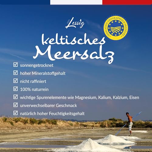 Lessig | 900g | celtic sea salt | graues keltisches Meersalz grau | handgeschöpft Frankreich | unraffiniert | ohne Zusätze | GMO Frei | kein Magnesium entfernt | Höchste Qualität