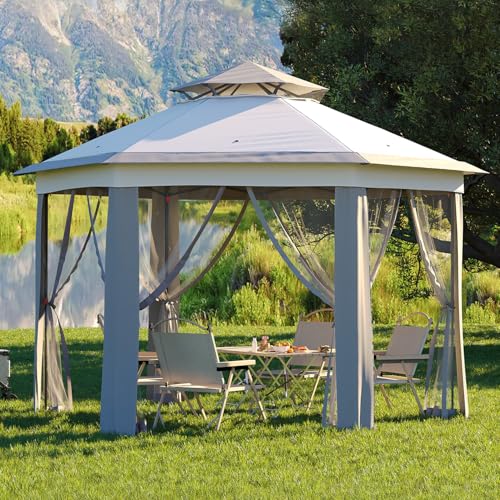 Garvee 13x13FT Pop Up Gazebo Screen Tent,Hexagonal Instant Gazebo Tent with Mosquito Netting Outdoor Canopy,6 Sided Sun Shelter with Mesh Netting,Pavilion Tents for Patio,Light Gray+Dark Gray