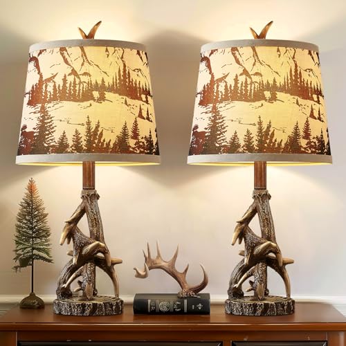 HUITICO 23 Rustic Deer Antler Table Lamps Set of 2 for Log Cabin Bedroom Nightstand Western Country Side Lamp for Living Room End Table Study Room Desk Brown Forest Print Shade