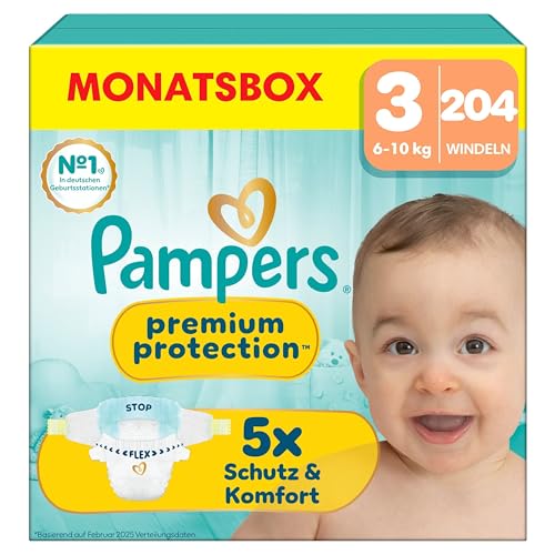 Pampers Premium Protection Größe 3, 204 Windeln, 6kg-10kg, unser Nr. 1 Haut- und Auslaufschutz 1